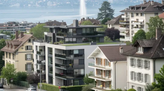 Vue panoramique de Genève montrant immeubles résidentiels et villas avec lac Léman en arrière-plan