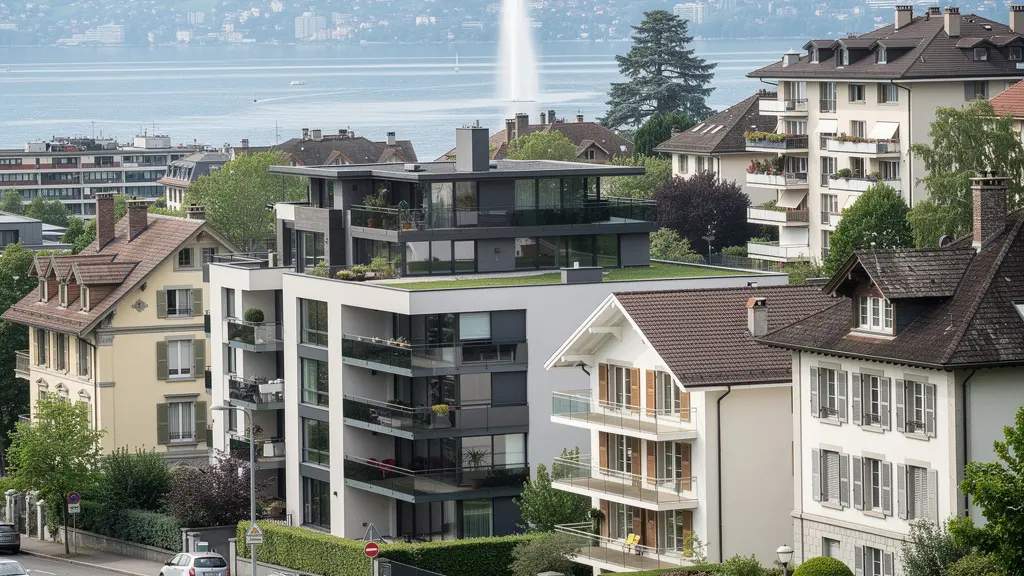 Vue panoramique de Genève montrant immeubles résidentiels et villas avec lac Léman en arrière-plan