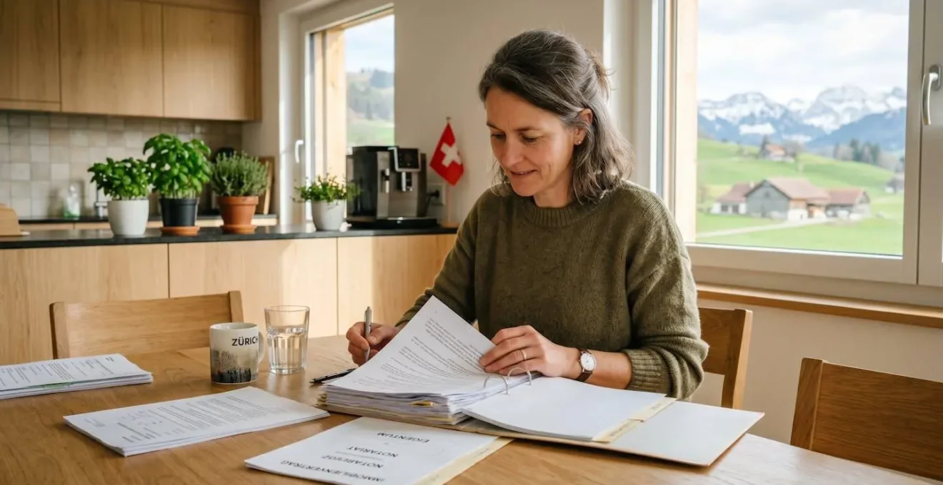 Un acheteur immobilier en Suisse romande consultant des documents d'analyse d'un bien dans un salon moderne