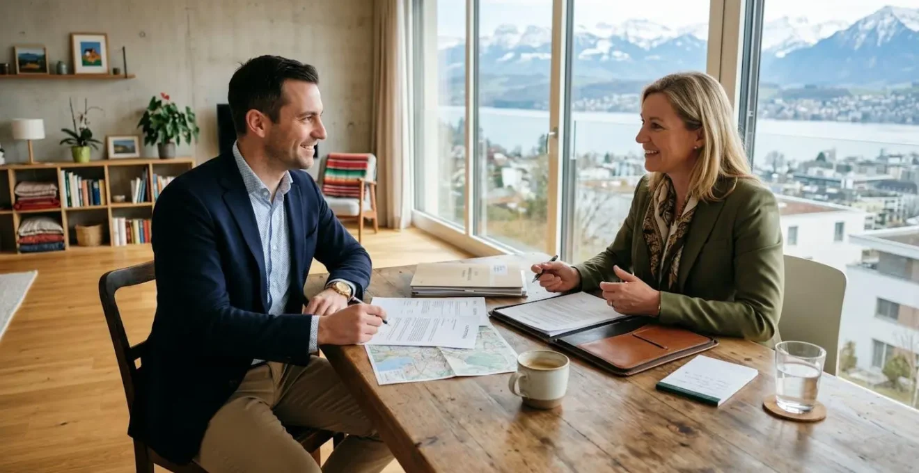 Un acheteur immobilier en Suisse romande discutant d'une offre avec un agent immobilier dans un appartement lumineux