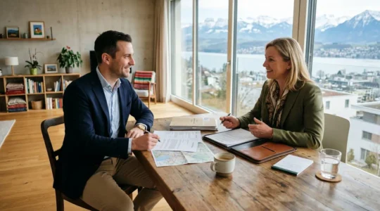 Un acheteur immobilier en Suisse romande discutant d'une offre avec un agent immobilier dans un appartement lumineux