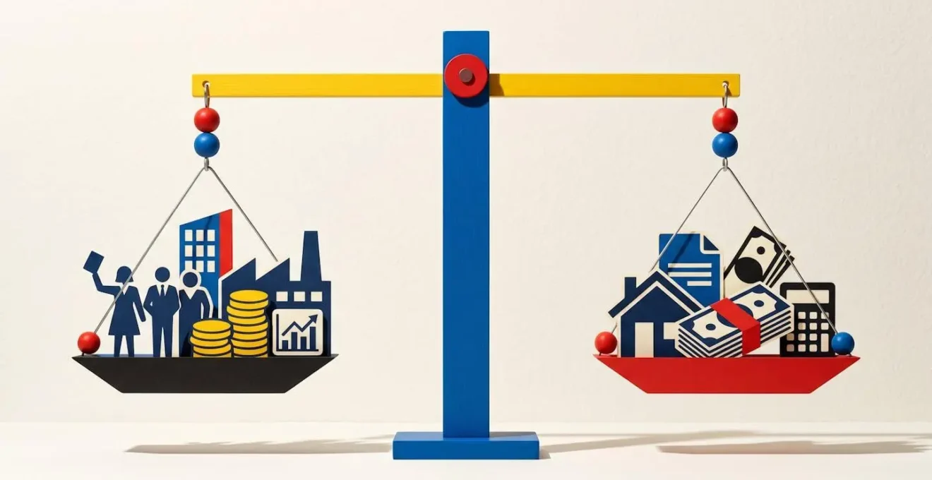 Balance symbolique représentant l'équilibre entre revenus et charges dans le cadre d'un prêt hypothécaire.