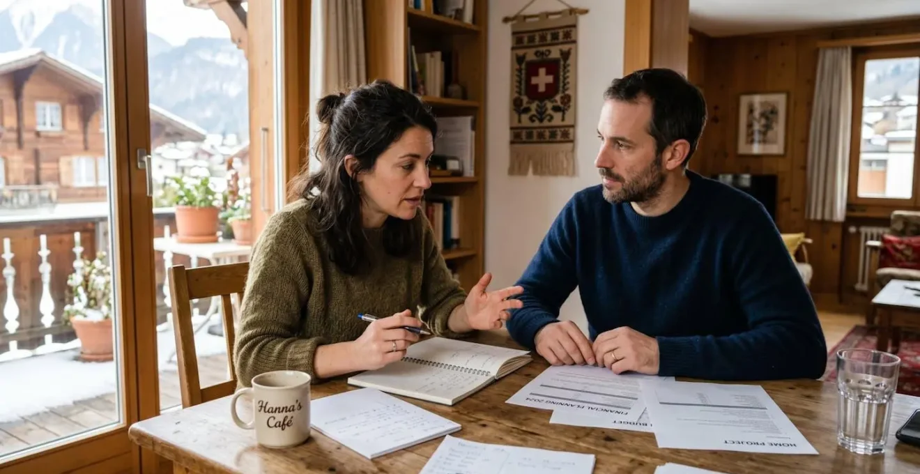 Un couple discutant de leur stratégie d'offre immobilière autour d'une table dans leur salon en Suisse romande