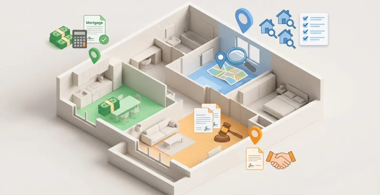 Illustration d'un plan d'appartement avec les étapes de l'acquisition codées par couleur.